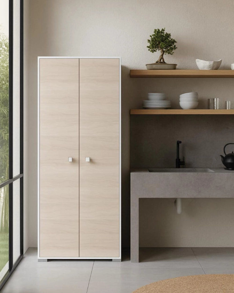 Doomostore. Armadio 2 Ante Clara per la dispensa, Cucina, Multiuso, Lavanderia, spogliatoio 75x35x180H con Ripiani Bianco/Olmo Biancoluna/Olmo