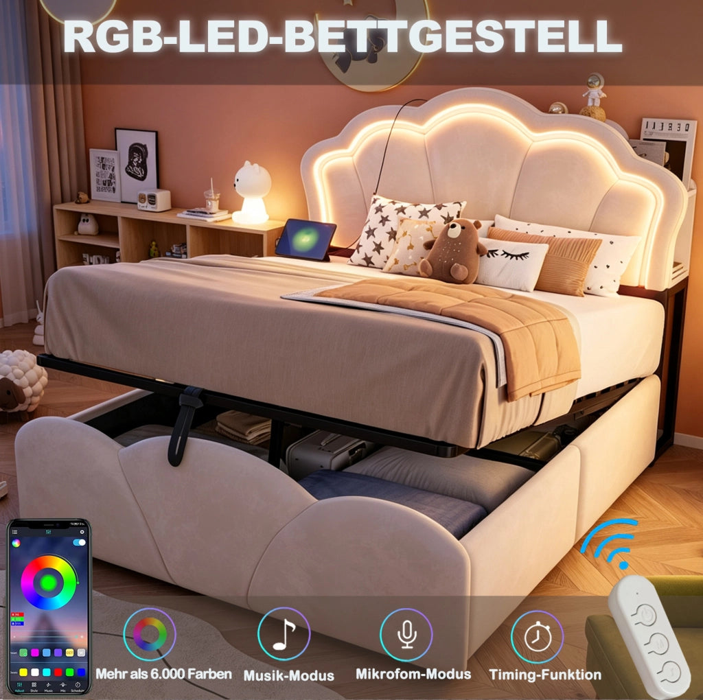 Letto imbottito 140 x 200 cm beige con contenitore, LED e prese