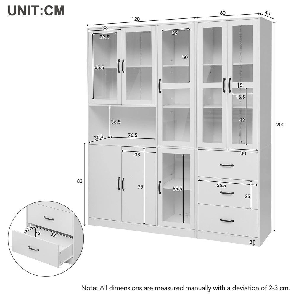 Libreria Vetrina con LED ¨C MINIMAL ¨C Bianca, 8 Ante, 3 Cassetti, 200x180 cm
