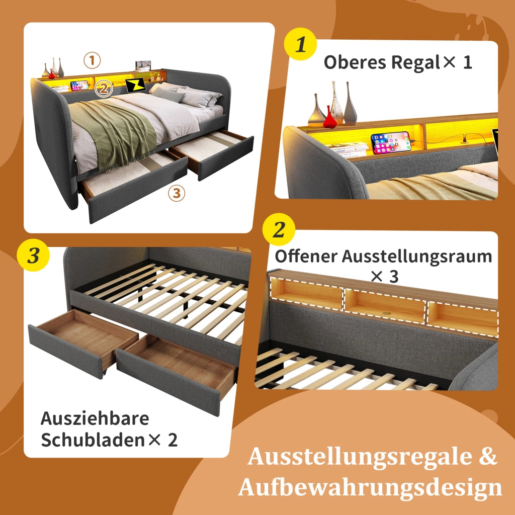 Divano letto imbottito con LED e USB 140x190 cm colore grigio lino
