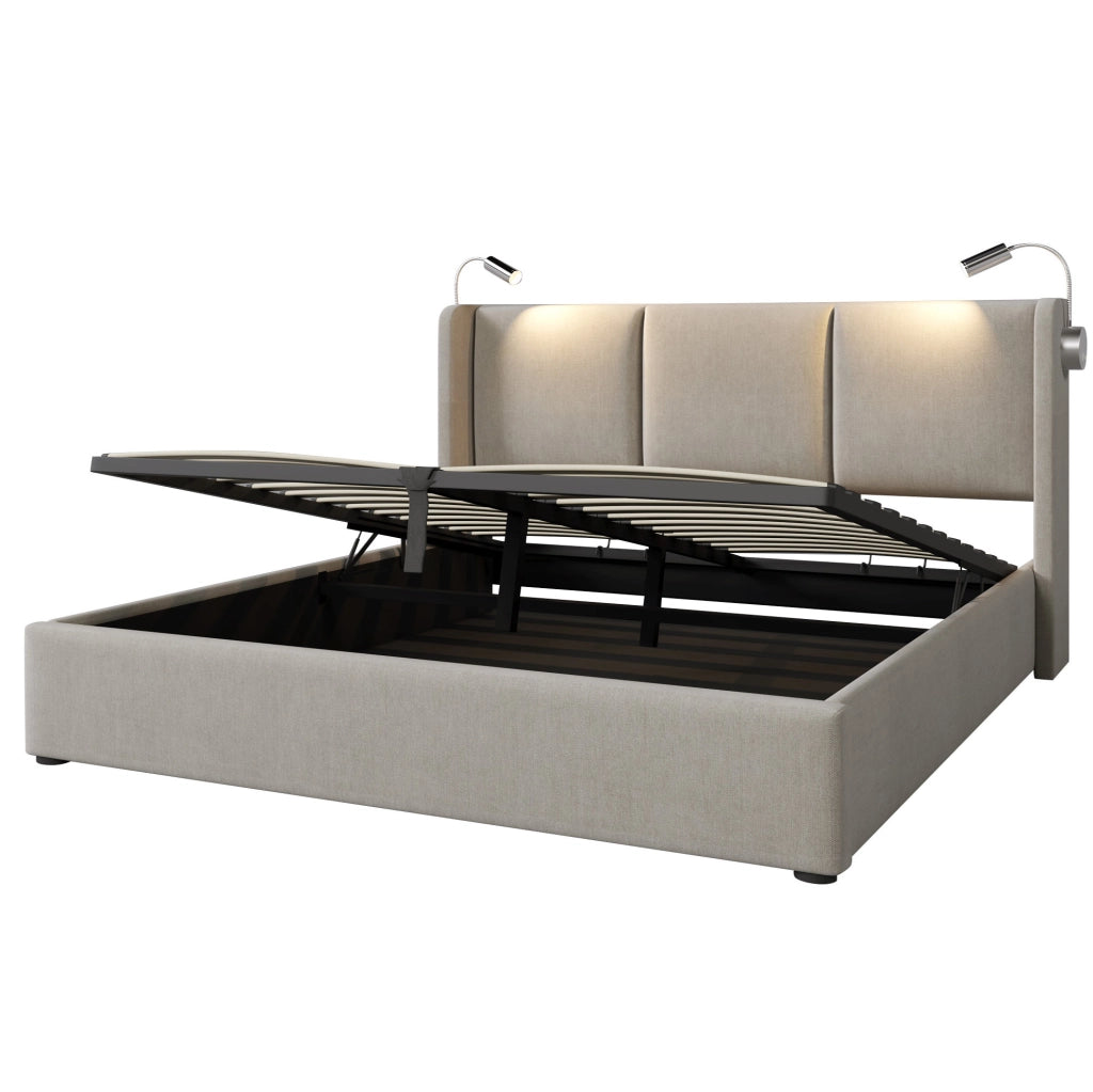 Letto matrimoniale contenitore beige 160x200 con luce e USB