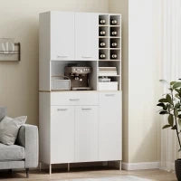 Credenza Cucina Alta con Armadietti e ripiani aperti, Armadio con scomparti e portabottiglie, dispensa con 5 ante, MDF, Bianco| Aosom Italy
