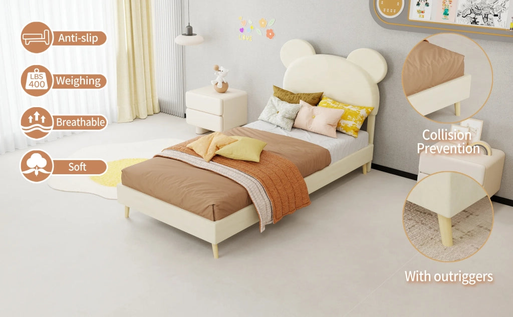 Letto imbottito minimalista moderno con testiera plush a tema cartoon, 90x200 cm, beige, base bassa solida (no contenitore/no sollevamento gas), materasso escluso