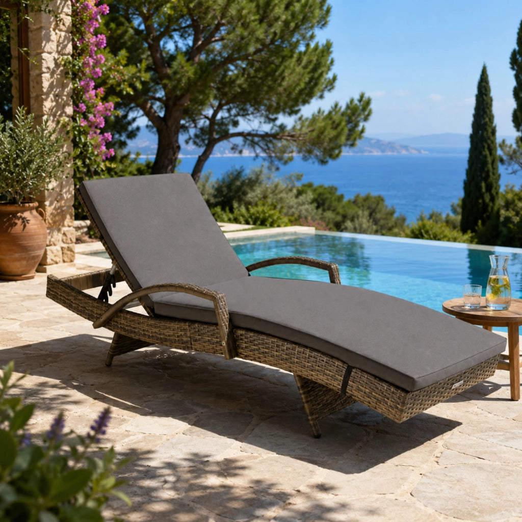 Lettino Prendisole Reclinabile In Polyrattan Con Schienale Regolabile E Cuscino Imbottito Ideale Per Giardino Terrazza Piscina E Relax Outdoor 190 x 62 x 34 Cm Marrone Chiaro