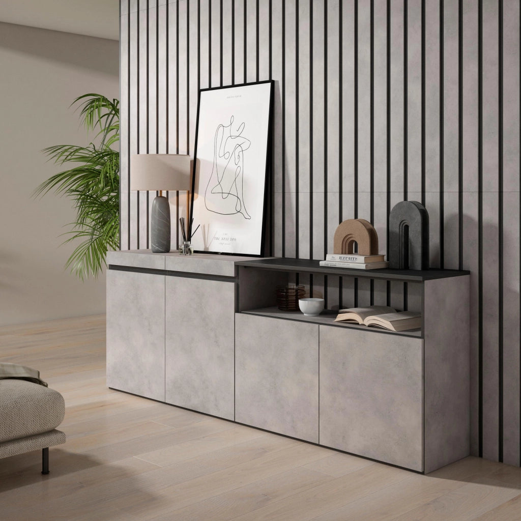 Credenza, Mobile, 200x35x75cm, 4 Porte, grande stoccaggio, grigio cemento RF2371