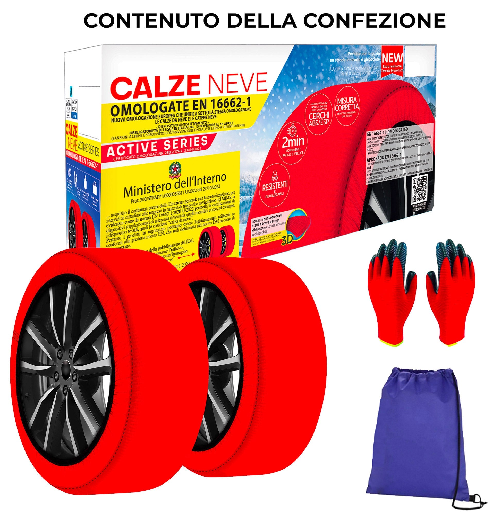 Calze da Neve per Auto Omologate EN 16662-1 Taglia L in Tessuto 3D Rosso