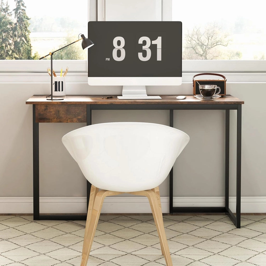 Scrivania per Computer con Cassetto, Scrivania per Ufficio con Struttura in Metallo, Ampio Piano 120 x 55 cm e Piedini Regolabili, 120 x 55 x 75 cm (Marrone Rustico)
