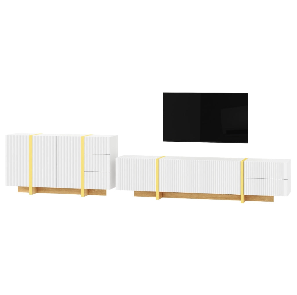 Set mobile TV e sideboard con frontali scanalati; MDF e pannello truciolare; bianco