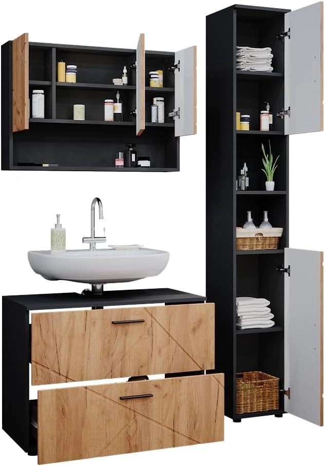 Set mobili bagno Irma, Quercia dorata/antracite, 80 cm, composto da mobile sottolavabo, specchiera e colonna alta