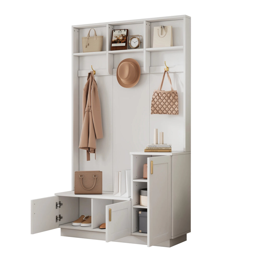 OKWISH Mobile da Ingresso con Panca Scarpiera, 3 Ganci, Vani Aperti e Ripiano Regolabile, Bianco, 120 x 40 x 200 cm