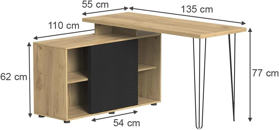 Scrivania angolare Notivo, Nero, 135 x 55 cm con schedario, adatto per ufficio domestico e studio