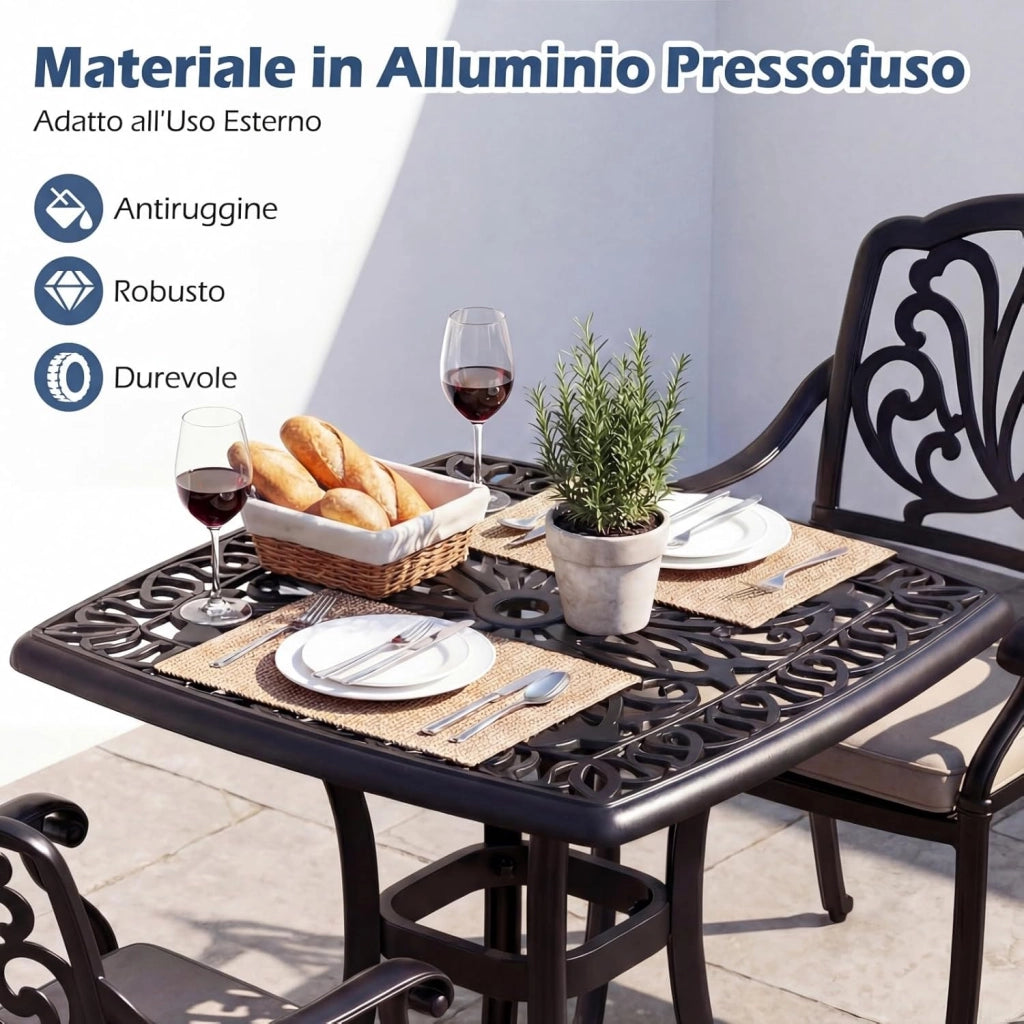 Tavolino da Esterno in Alluminio, con Foro per Ombrellone, Quadrato Antiruggine, per Giardino, Veranda e Balcone, Portata 120 kg