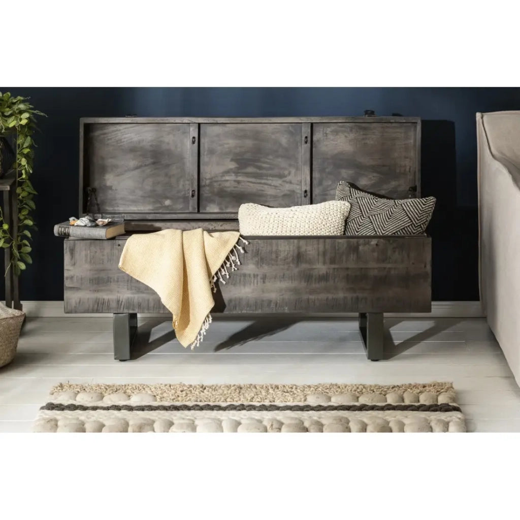 Tavolino basso o panca contenitore MERAX 115 cm grigio in legno massiccio e metallo stile industriale
