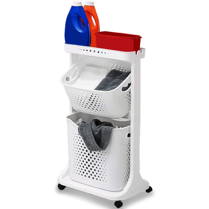 Carrello Portabiancheria Salvaspazio 2 Litri Cesta Estraibile 2 Ripiani Bianco