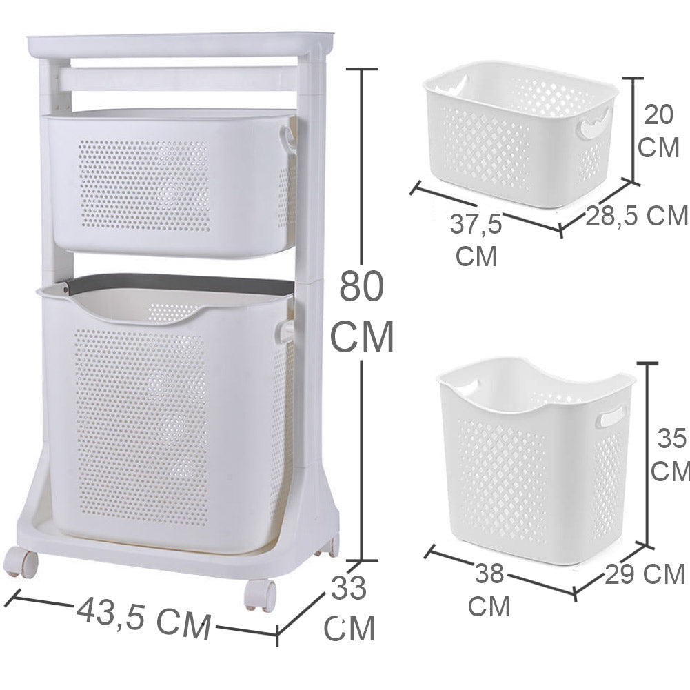 Carrello Portabiancheria Salvaspazio 2 Litri Cesta Estraibile 2 Ripiani Bianco