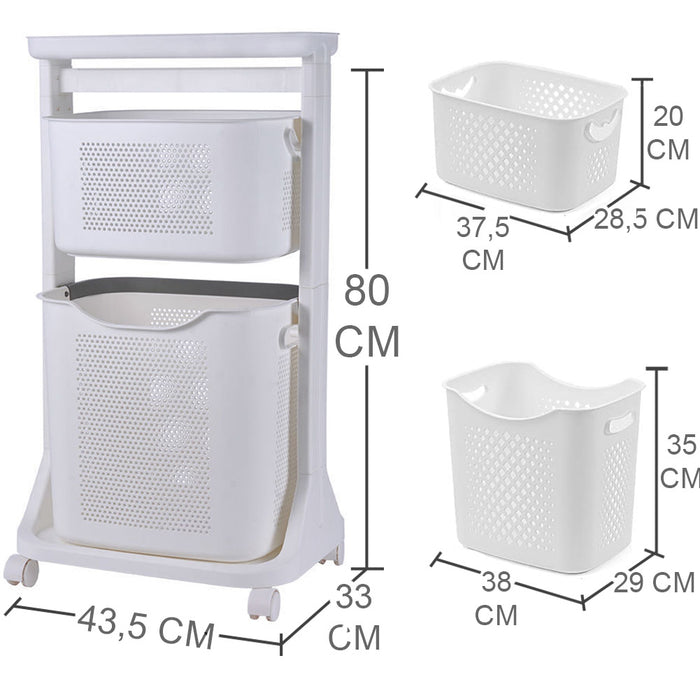 Carrello Portabiancheria Salvaspazio 2 Litri Cesta Estraibile 2 Ripiani Bianco