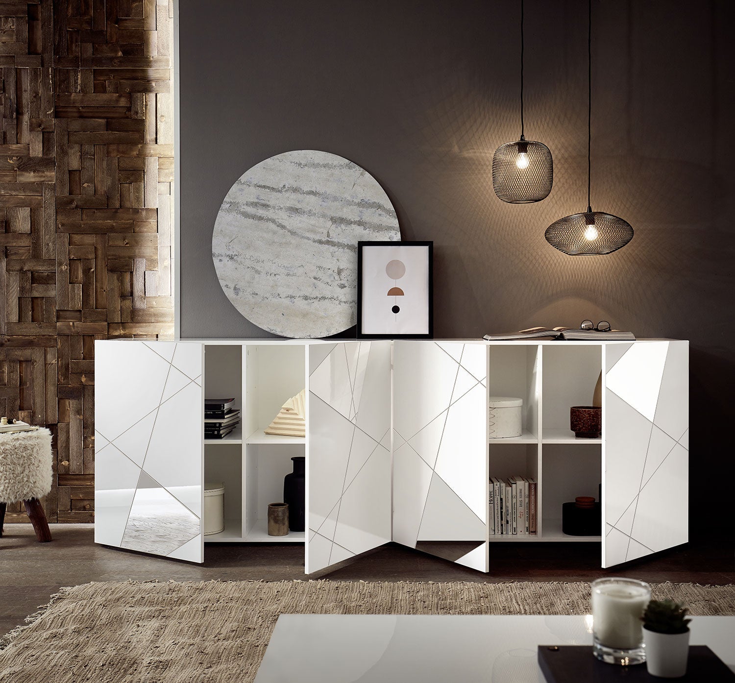 Madia Design Moderno 4 Ante con Serigrafie e Specchi Vittoria 241x42x84 cm Bianco Lucido