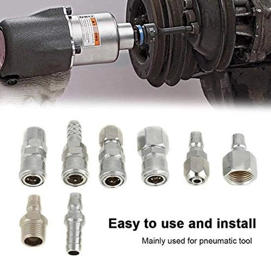Set di connessione aeree - 8 pezzi - BSP 1/2 pollici - Connettore rapido - Tipo C industriale - Acciaio (zincato) - Peso 515g - Connettore aereo