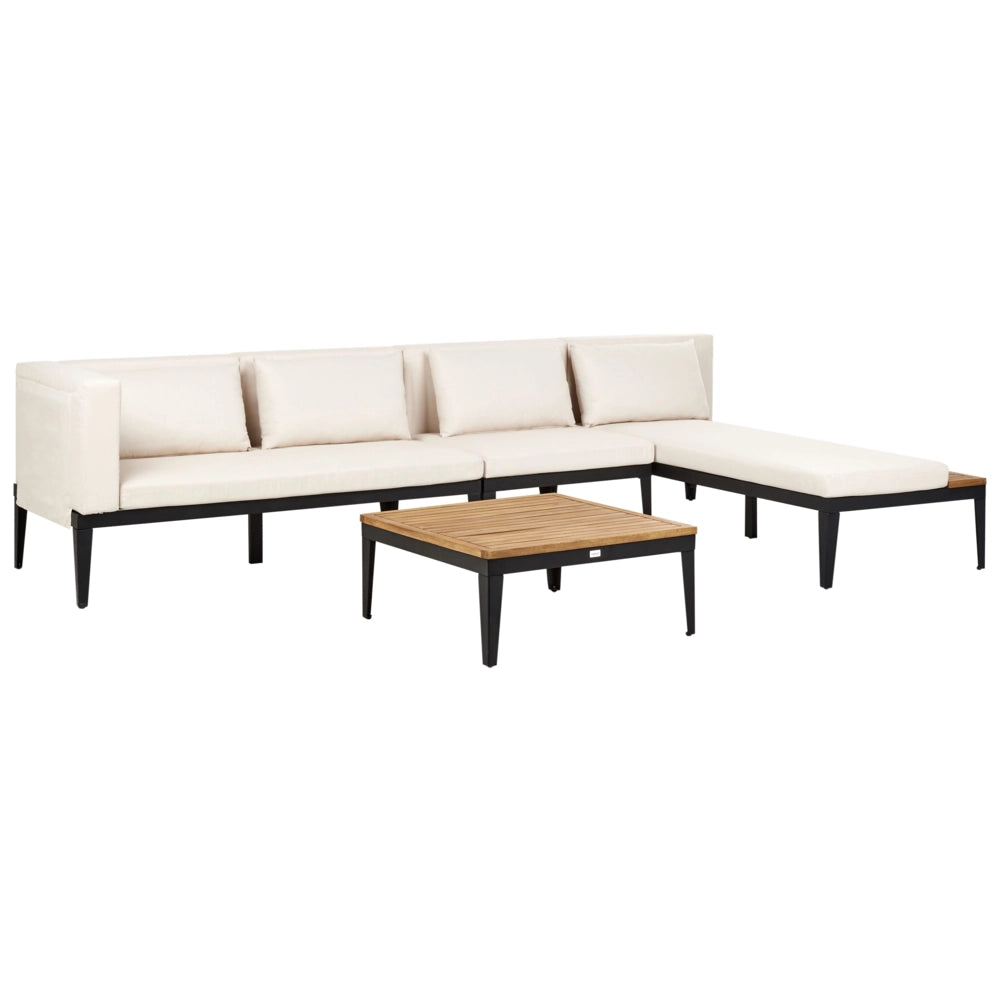 Set da giardino 4 posti in legno di acacia certificato con divano angolare tavolino e cuscini beige chiaro lato sinistro