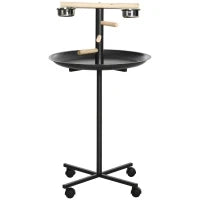 Posatoio per pappagalli su piedistallo, con 4 ruote e 2 ciotole, in acciaio inox, Ø 60 x 111 cm, Grigio