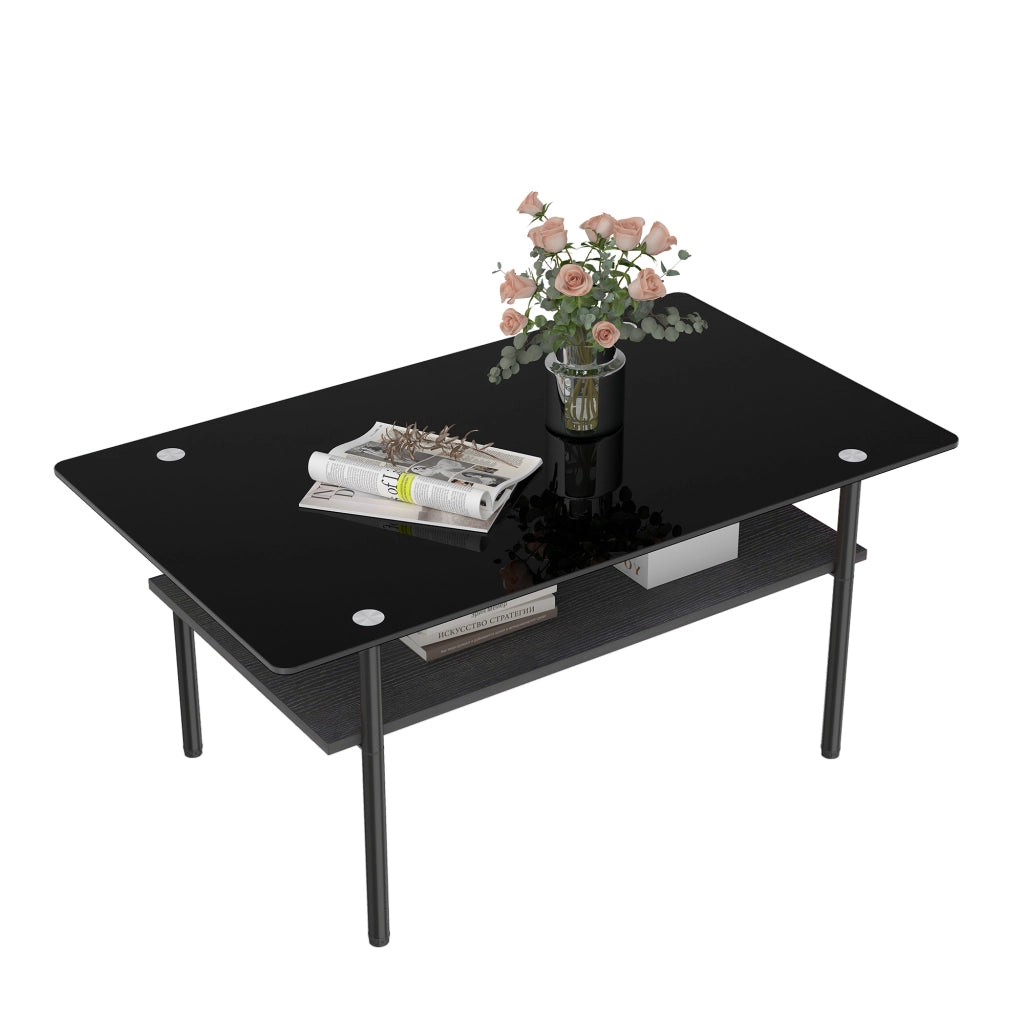 Tavolino basso con piano in vetro nero e ripiano in MDF, struttura in metallo, per soggiorno, 98 × 58 × 45 cm