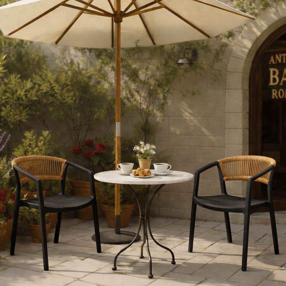 Sedie da Bar Sety in plastica nera con schienale curvo a corda beige