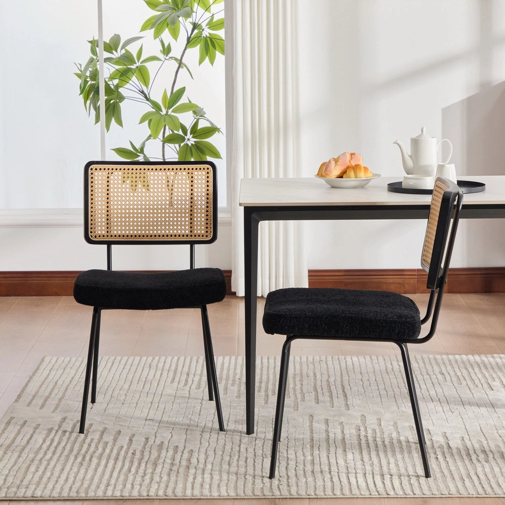 Sedie da Pranzo Set 2 Pezzi in Tessuto Chenille ¨C MINIMAL ¨C Gambe Metallo, Schienale Legno Massello, Effetto Rattan, Nero