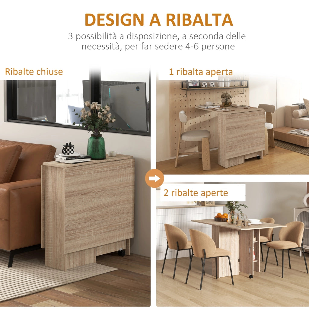 Tavolo Pieghevole con 2 Ribalte per 6 Persone con Ripiani e Rotelle Integrate, Legno Naturale