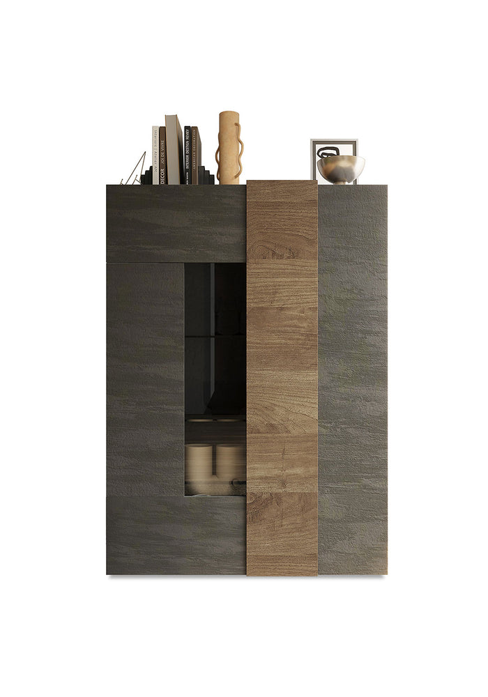 Vetrina Mobile Soggiorno Alto 2 Ante Senza Luci Venus 121x44x169 cm Titanio E Noce Mercure