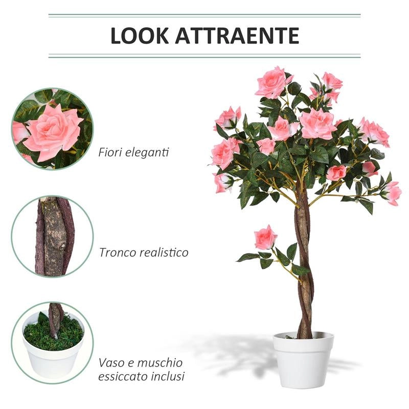 PIANTA FINTA DI ROSA DA 21 FIORI CON VASO RIEMPITO IN CEMENTO E MUSCHIO, Ï18X90 CM, ROSA