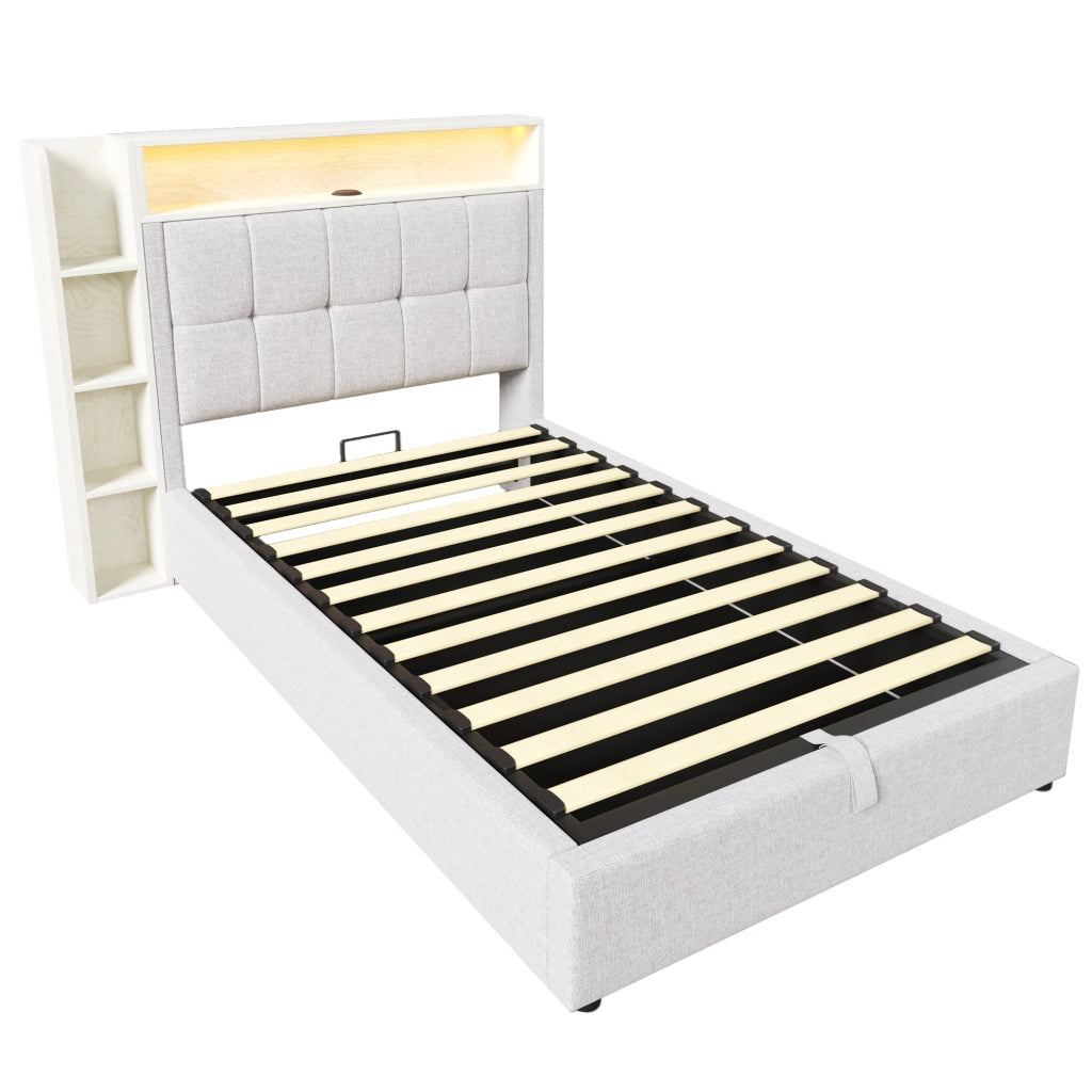 Letto singolo imbottito 90x200cm con carica USB-C; LED e controllo App in lino beige