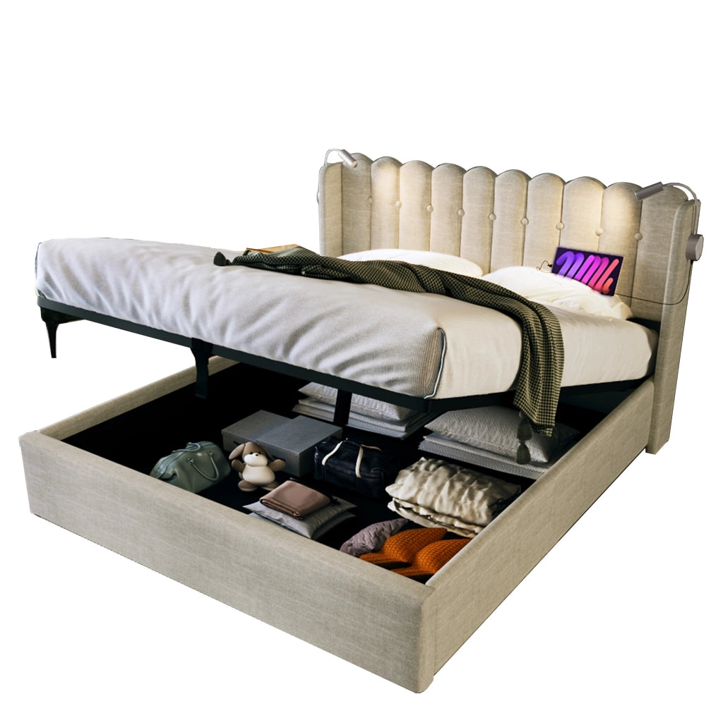 Letto matrimoniale con contenitore; luce da lettura e 2 USB 160x200 cm; naturale