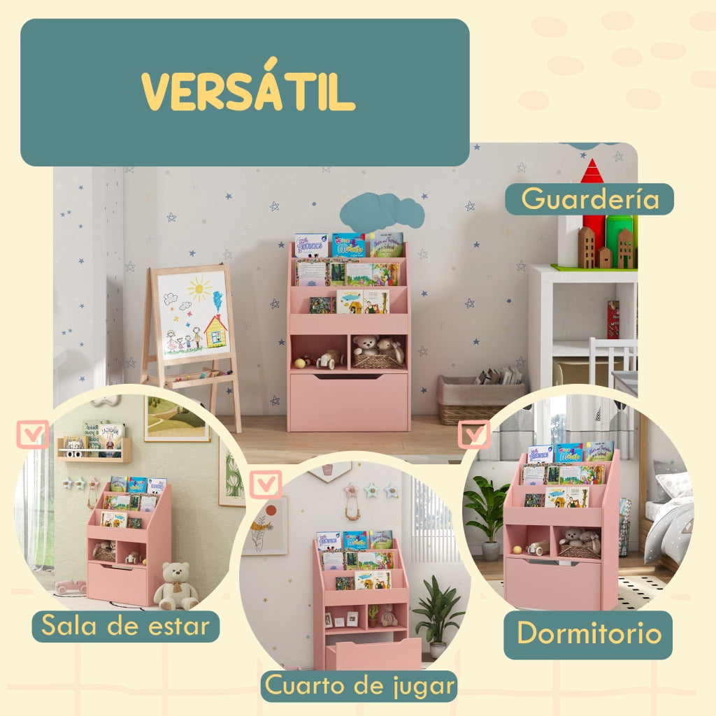 Libreria Bambini Legno Rosa ¨C Xylo ¨C 3 Ripiani 2 Cassetti Ruote 60x29,9x90 cm