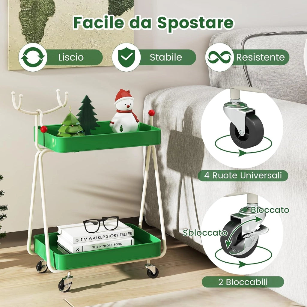 Carrello Portaoggetti con Ruote, Carrello Natalizio a 2 Ripiani con Ganci Superiori e Struttura in Metallo, Scaffale Decorativo di Renne, per Cucina, Soggiorno e Bagno, 55,5 x 28,5 x 66,5 cm
