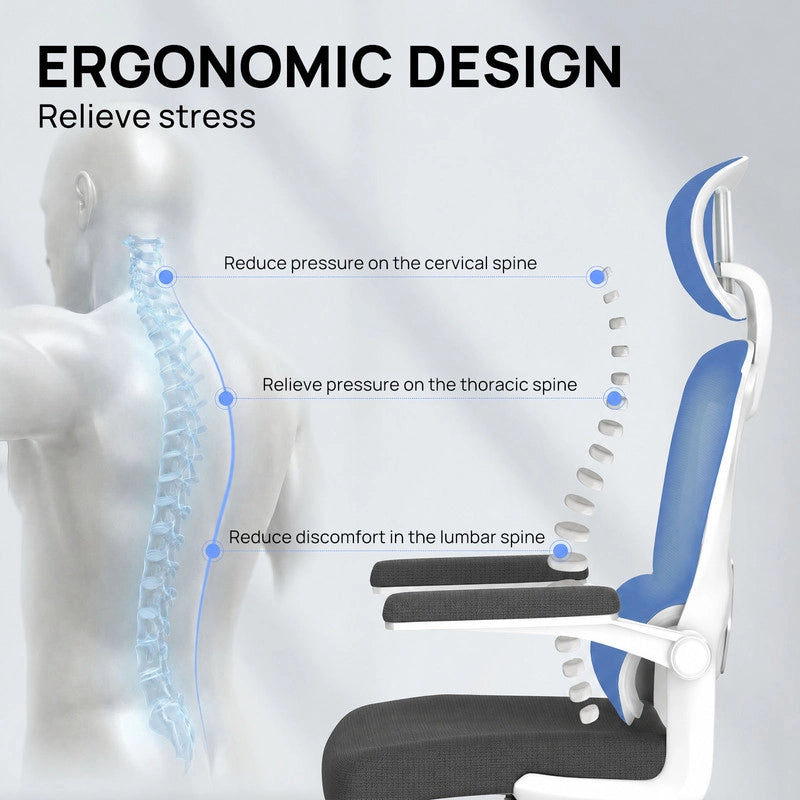 Sedia da ufficio ergonomica - Poltroncina HAMLODY - con braccioli pieghevoli a 90° - Supporto lombare - Regolabile in altezza Bianco