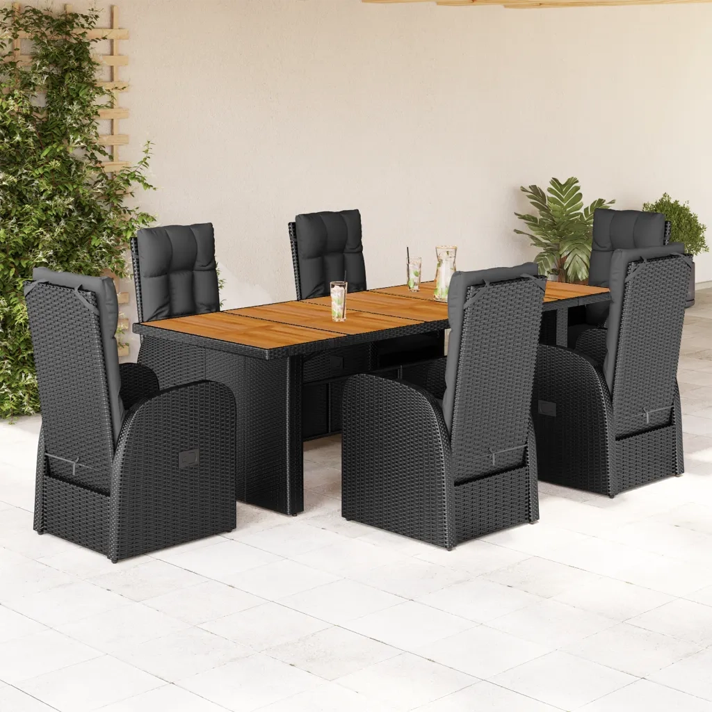 Set da Pranzo da Giardino 7 pz Nero con Cuscini in Polyrattan