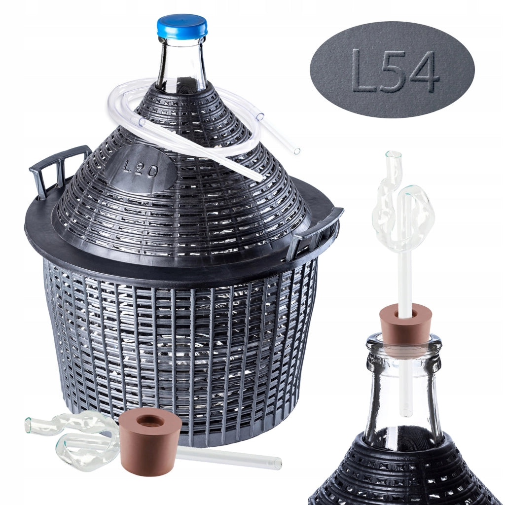 Damigiana KADAX da 54 litri per vino in cestello con tubo flessibile in sughero, set da 4 pezzi.