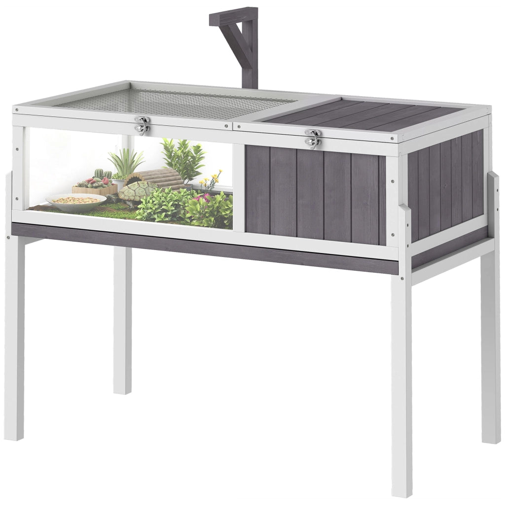 Casa per tartarughe con 2 spazi e supporto lampada - Xylo - Tetto apribile grigio 104x53x82cm