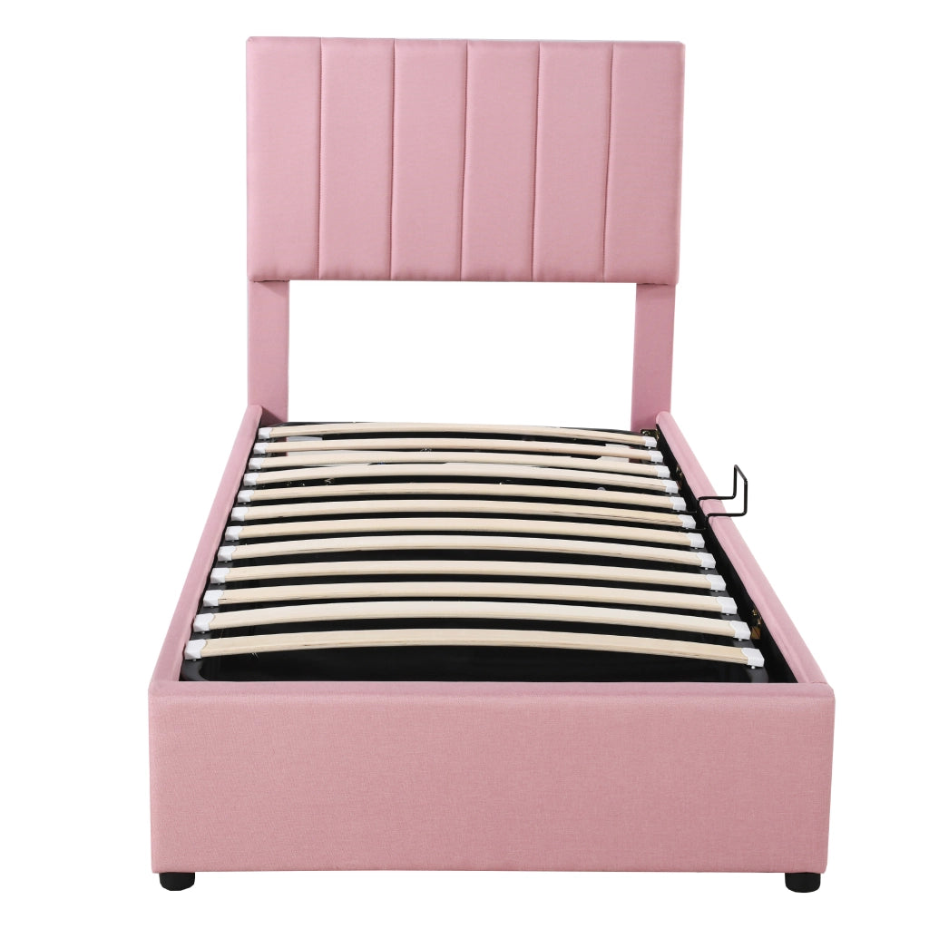 DESMIU Letto per Bambini 1 Posto con Contenitore Idraulico, Testiera Regolabile, 90 × 200 cm, senza materasso, Rosa