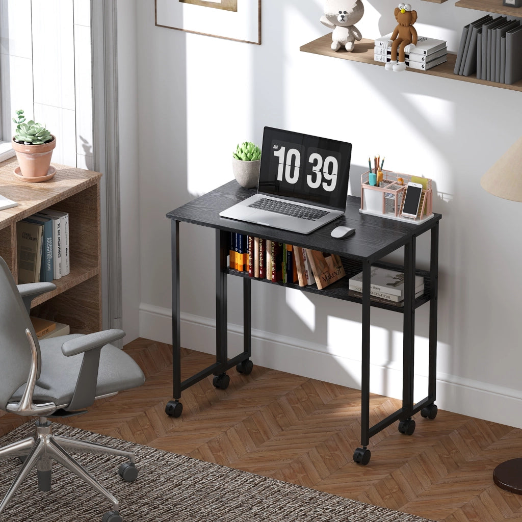 Scrivania Pieghevole con Ruote e Ripiano ¨C Zephmum ¨C Nero 80x50x75 cm