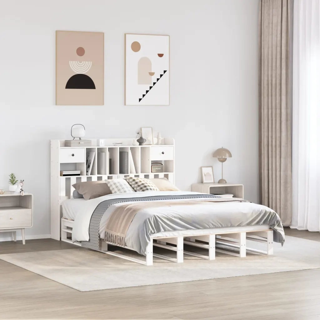 Letto Libreria senza Materasso-Struttura Letto con contenitore Bianco 150x200 cm Legno di Pino 986123