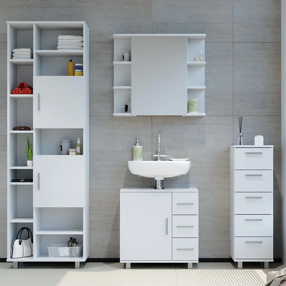 Set mobili bagno Ilias, Bianco, 60 cm, composto da mobile lavabo, pensile a specchio, colonna e base media