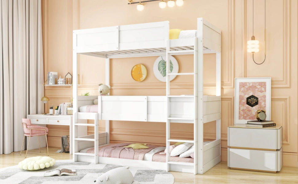 DESMIU Lit a castello 90 × 200 cm 3 posti con sponda di sicurezza, senza materasso, in legno, bianco