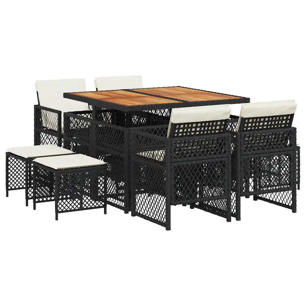 Set da Pranzo da Giardino 9 pz con Cuscini Nero in Polyrattan 3210783