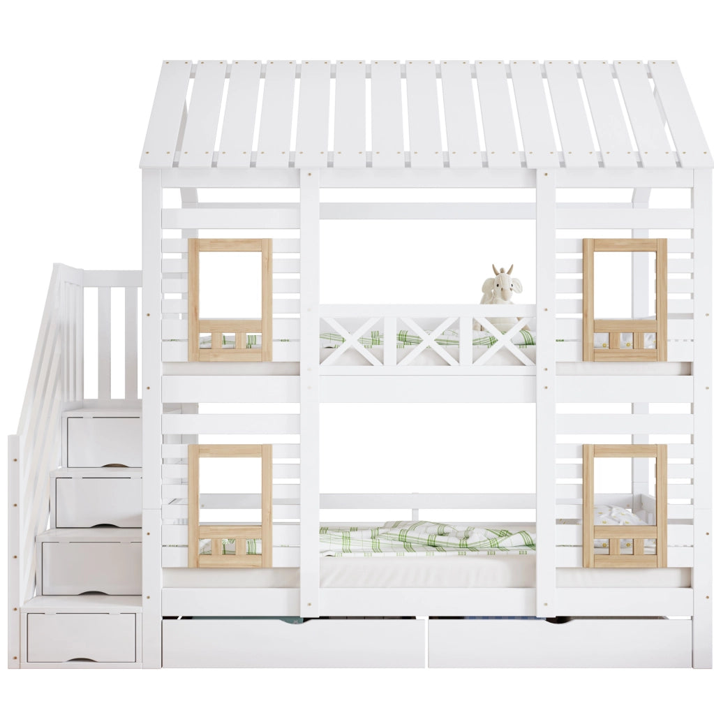 Letto a castello per bambini con 2 cassetti e scala contenitore; 90x200 cm; bianco e naturale
