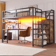 Letto a castello metallo nero con scala contenitore e armadio 140x200 cm