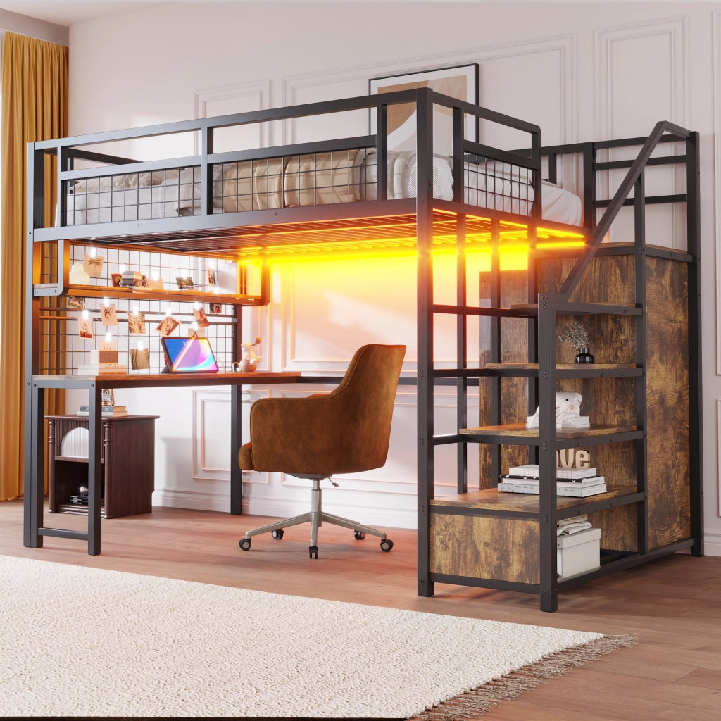 Letto a castello metallo nero con scala contenitore e armadio 140x200 cm