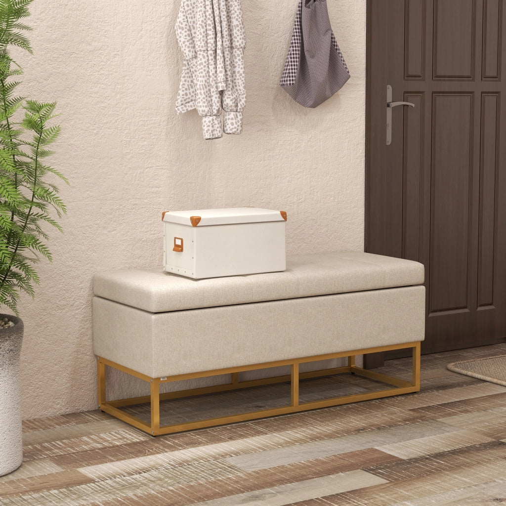 EasyComfort Panca con Contenitore in Poliestere Trapuntata con Gambe in Acciaio d'oro, 110x44x48cm, Beige