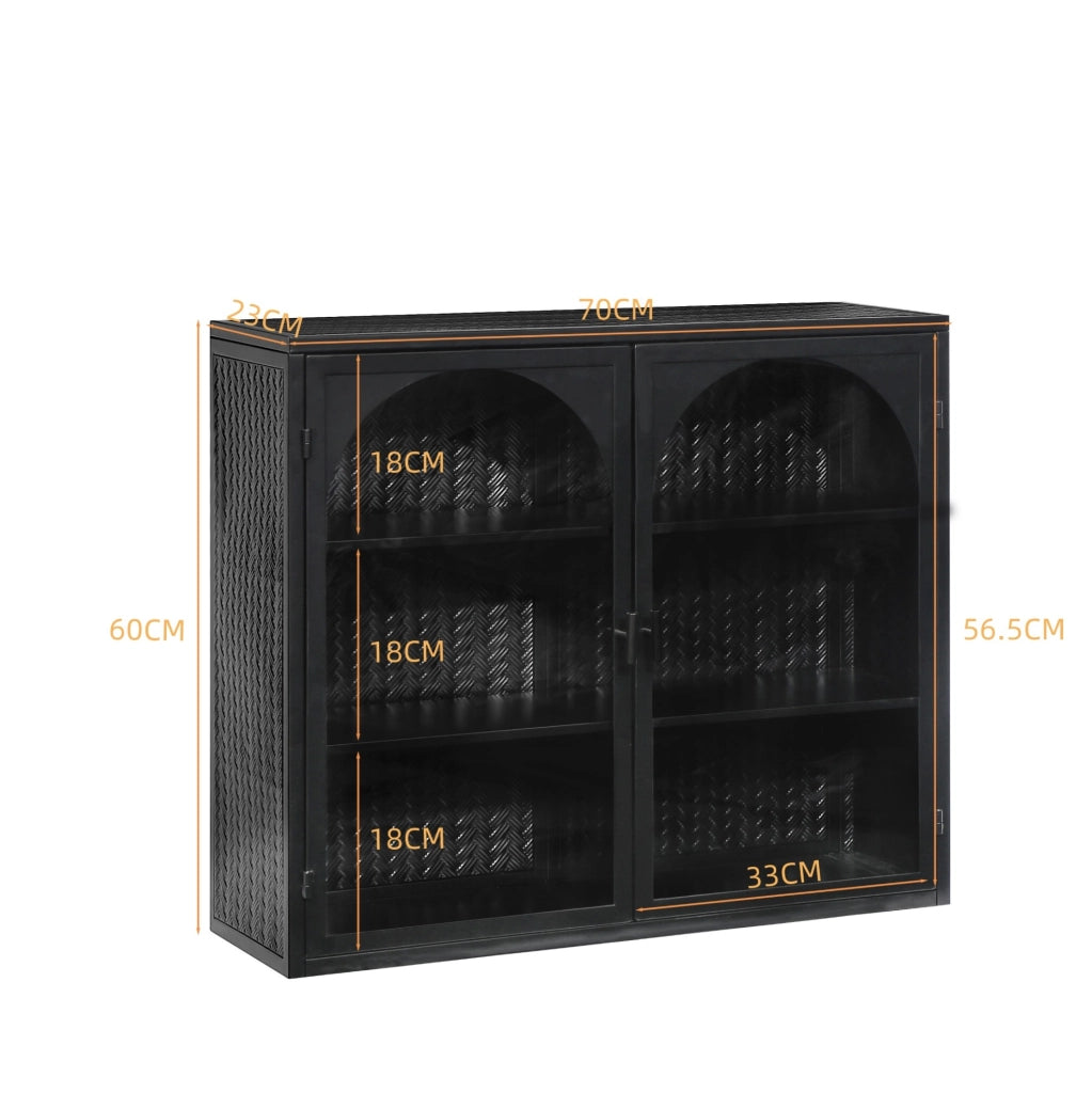 Mobiletto da Parete Nero in Metallo e Vetro Temperato 70x60x23 cm con 2 Ante e Ripiani Interni