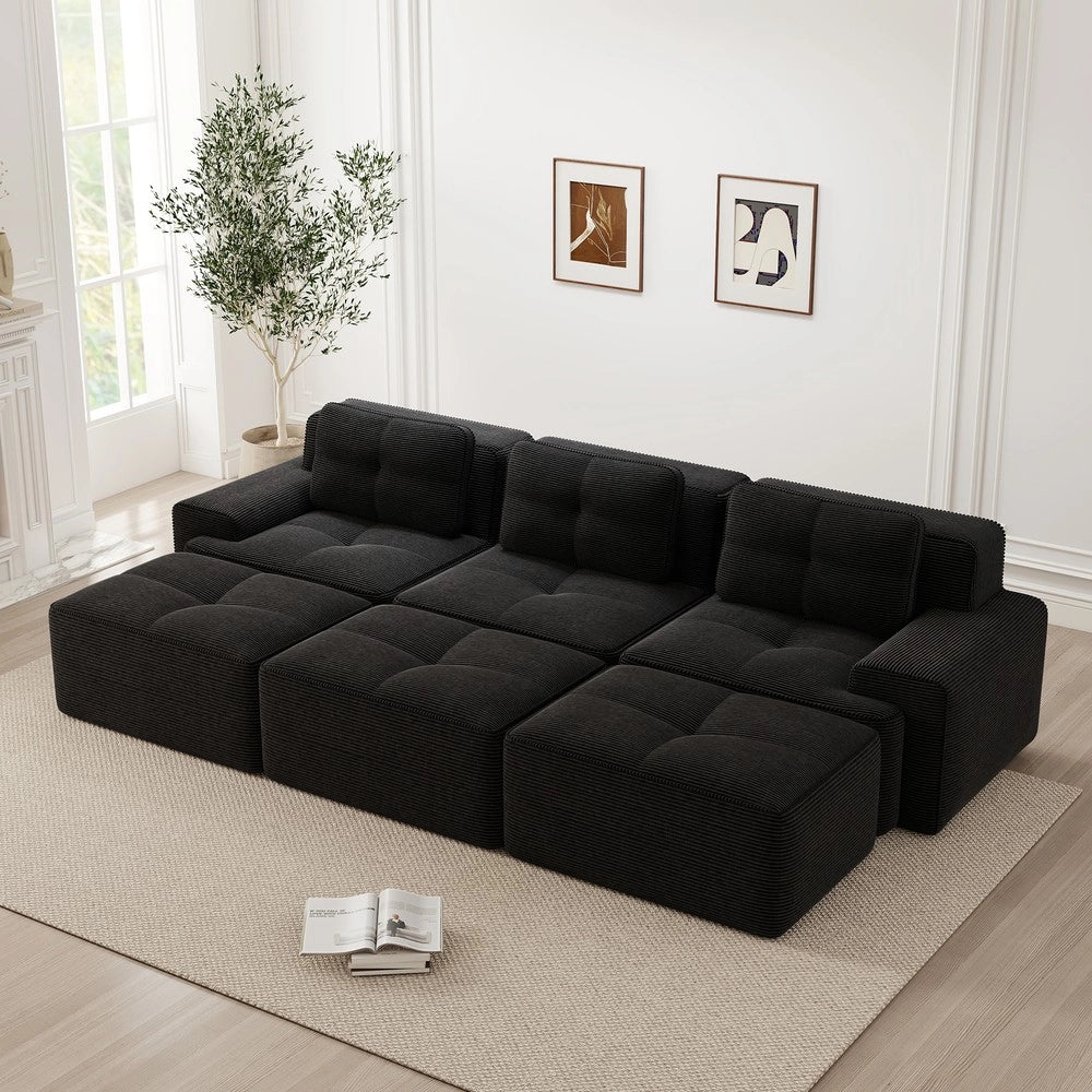 Divano Angolare Modulare 3 Posti con Pouf ¨C Xylo ¨C Velluto a Coste Nero